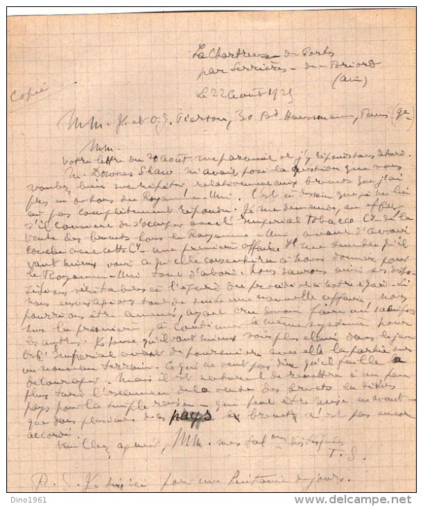 VP3546 - Tabac - Lettre De J.& O.G. PIERSON à PARIS Pour Mr Th. SCHLOESING Directeur Des Manufactures De L´Etat - Dokumente