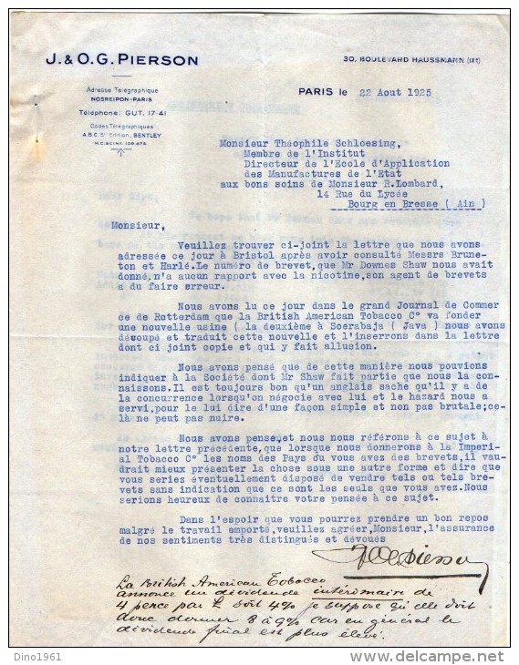 VP3547 - Tabac - Lettre De J.& O.G. PIERSON à PARIS Pour Mr Th. SCHLOESING Directeur Des Manufactures De L´Etat - Dokumente