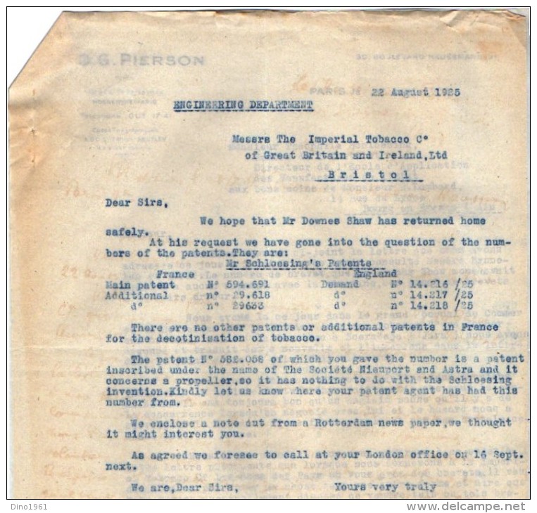 VP3547 - Tabac - Lettre De J.& O.G. PIERSON à PARIS Pour Mr Th. SCHLOESING Directeur Des Manufactures De L´Etat - Dokumente