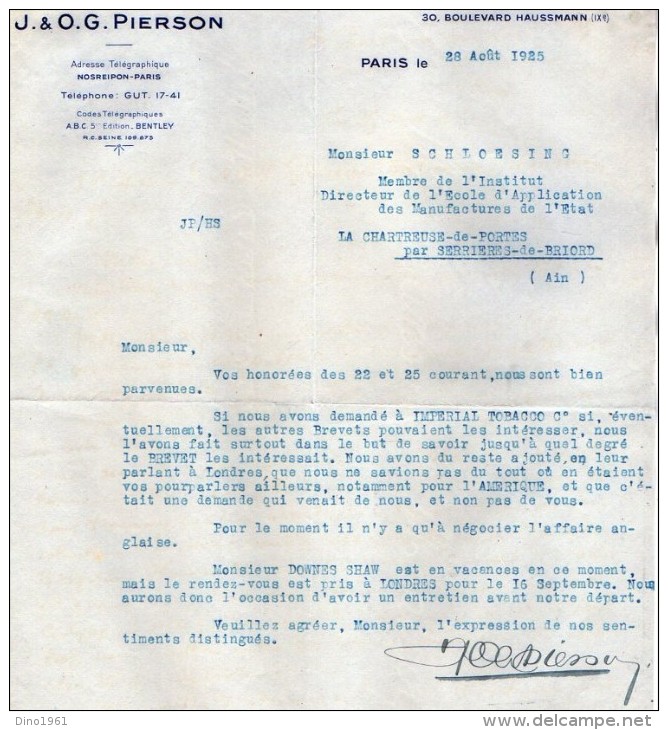 VP3548 - Tabac - Lettre De J.& O.G. PIERSON à PARIS Pour Mr Th. SCHLOESING Directeur Des Manufactures De L´Etat - Dokumente