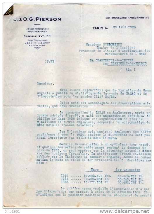 VP3549 - Tabac - Lettre De J.& O.G. PIERSON à PARIS Pour Mr Th. SCHLOESING Directeur Des Manufactures De L´Etat - Documents