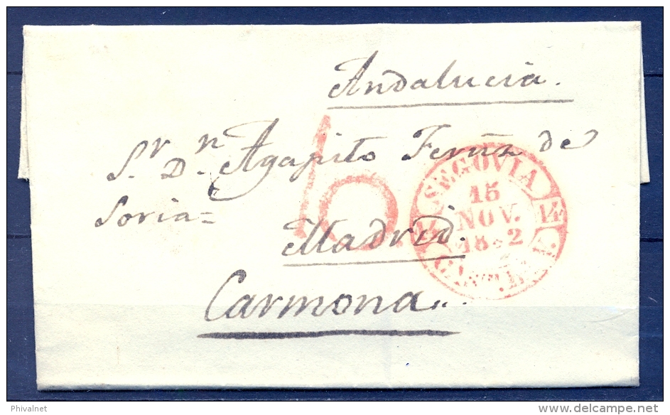 1852  , SEGOVIA , D.P. 14 , ENVUELTA CIRCULADA A CARMONA, BAEZA EN ROJO - ...-1850 Vorphilatelie