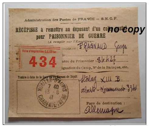 Récépissé Colis Pour Prisonnier Guerre 39/45 - Nuaillé D' Aunis Pour Stalag XIII B Arbeits Kommando Août 1941 - Guerre De 1939-45