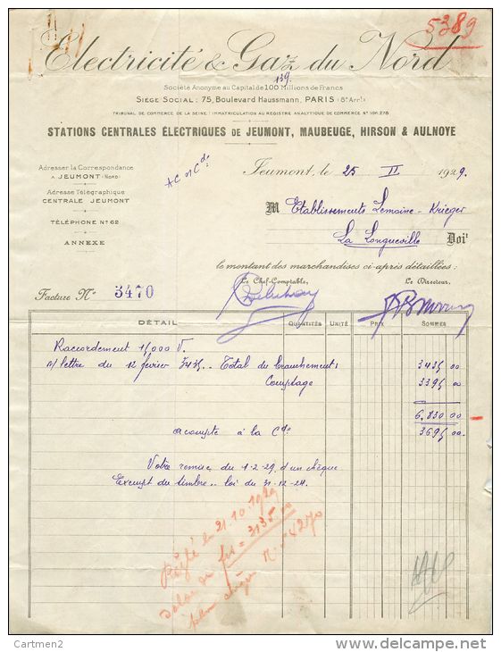 MAUBEUGE FACTURE ELECTRICITE ET GAZ DU NORD STATION ELECTRIQUE JEUMONT HIRSON AULNOYE 59 NORD - 1900 – 1949