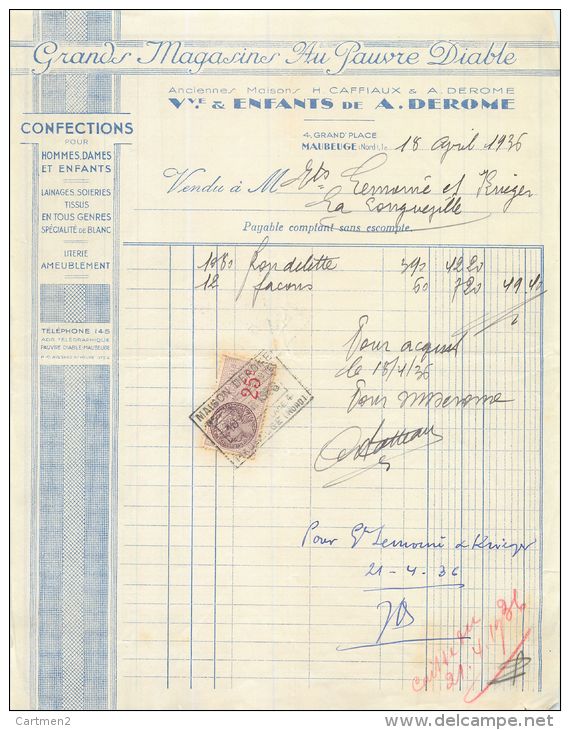 MAUBEUGE FACTURE GRANDS MAGASINS AU PAUVRE DIABLE CAFFIAUX DEROME  59 NORD - 1900 – 1949