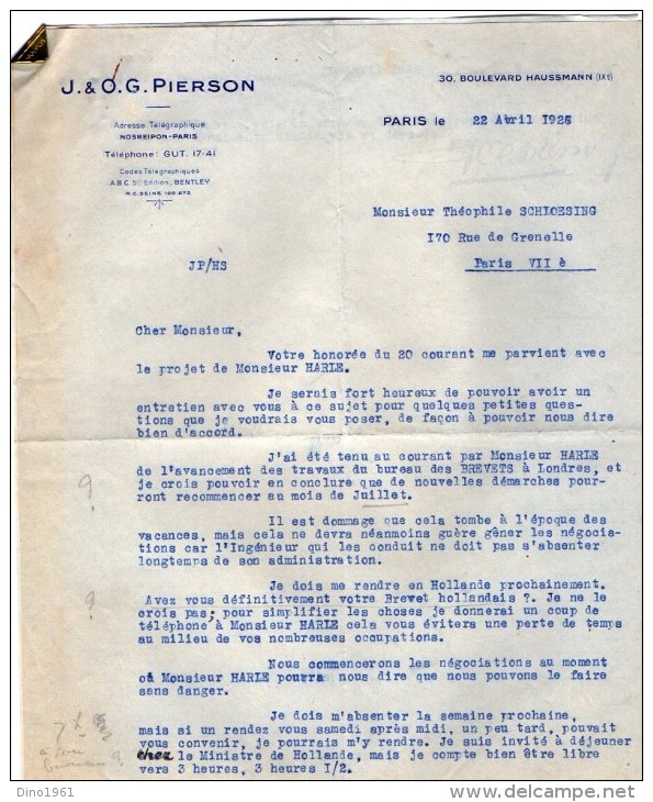 VP3551 - Tabac - Lettre De J.& O.G. PIERSON à PARIS Pour Mr Th. SCHLOESING Directeur Des Manufactures De L´Etat - Documenten