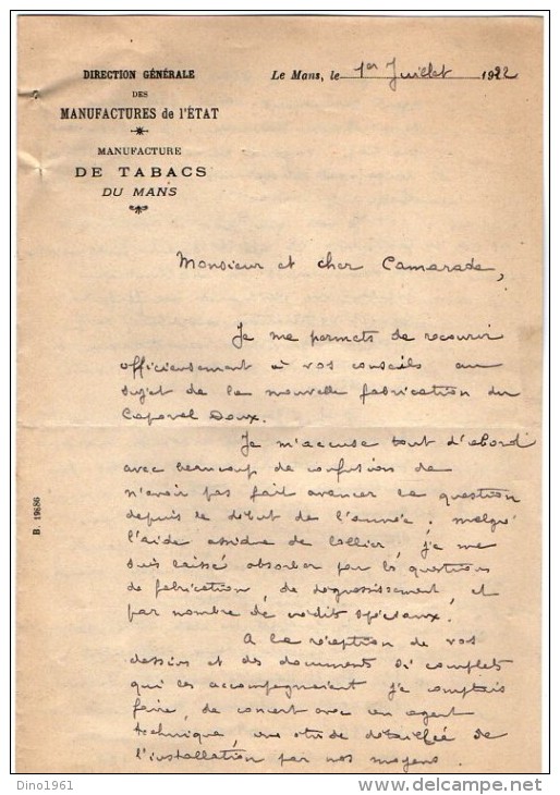 VP3554 - Lettres De La Manufacture Des Tabacs Du MANS  Pour Mr Th. SCHLOESING Directeur Des Manufactures De L´Etat - Documentos