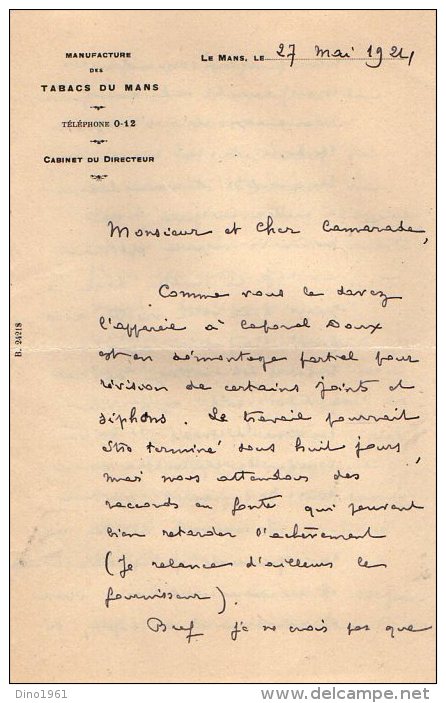 VP3556 - Lettre De La Manufacture Des Tabacs Du MANS  Pour Mr Th. SCHLOESING Directeur Des Manufactures De L´Etat - Documentos