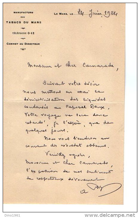 VP3557 - Lettre De La Manufacture Des Tabacs Du MANS  Pour Mr Th. SCHLOESING Directeur Des Manufactures De L´Etat - Documenti