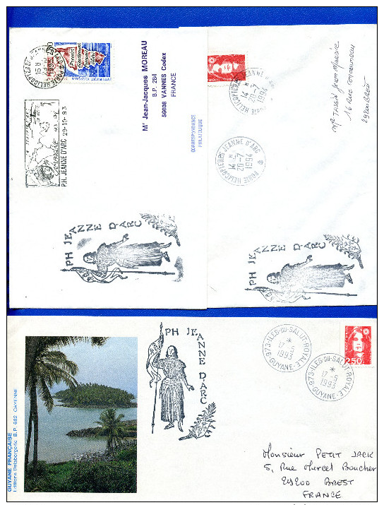Lot De 3 PH Porte Hélicoptères Jeanne D'Arc Dont Cad 973 Iles Du Salut Royale Guyane 1993 Enveloppe Illustrée - Poste Navale