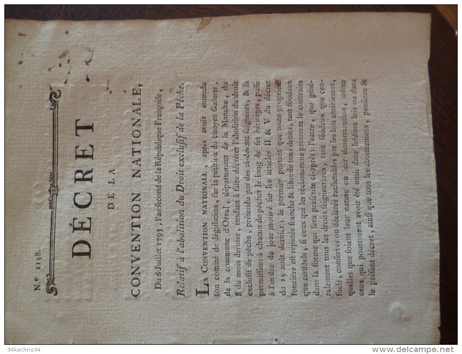 Décret De La Convention Nationale 6/07/1793 Révolution Abolition Du Droit Exécutif De La Pèche .autographe à Voir - Decrees & Laws