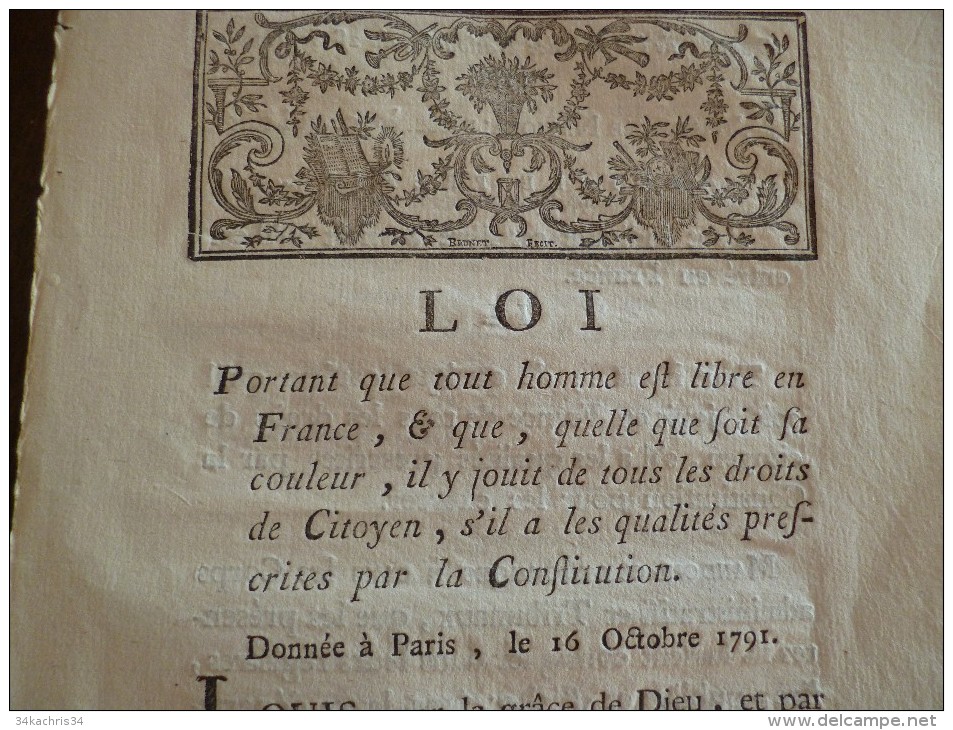 Loi Révolution 16/10/1791. Tout Homme Est Libre En FRance Quelque Soit Sa Couleur. Anti Esclavage Rare!!! - Décrets & Lois