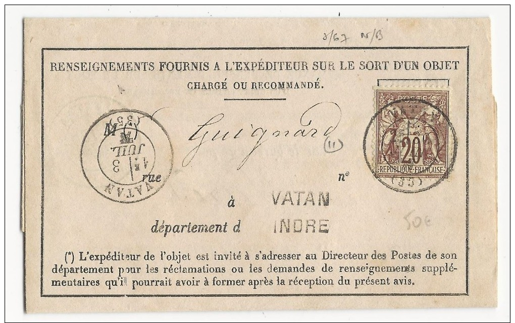 1877 - SAGE N/B - 20c Sur LETTRE RENSEIGNEMENTS Sur Un OBJET CHARGE De VATAN (INDRE) Pour PARIS - 1877-1920: Période Semi Moderne