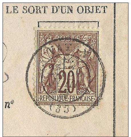 1877 - SAGE N/B - 20c Sur LETTRE RENSEIGNEMENTS Sur Un OBJET CHARGE De VATAN (INDRE) Pour PARIS - 1877-1920: Période Semi Moderne