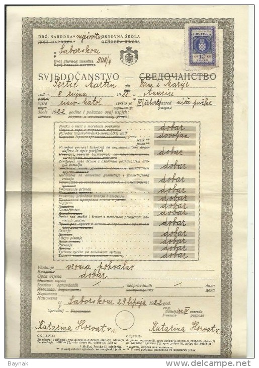 CROATIA, SABORSKO  --   CERTIFICATE  - 1922  /  1942  --  NDH TIMBRE FISCAL, TAX STAMP - Diplome Und Schulzeugnisse
