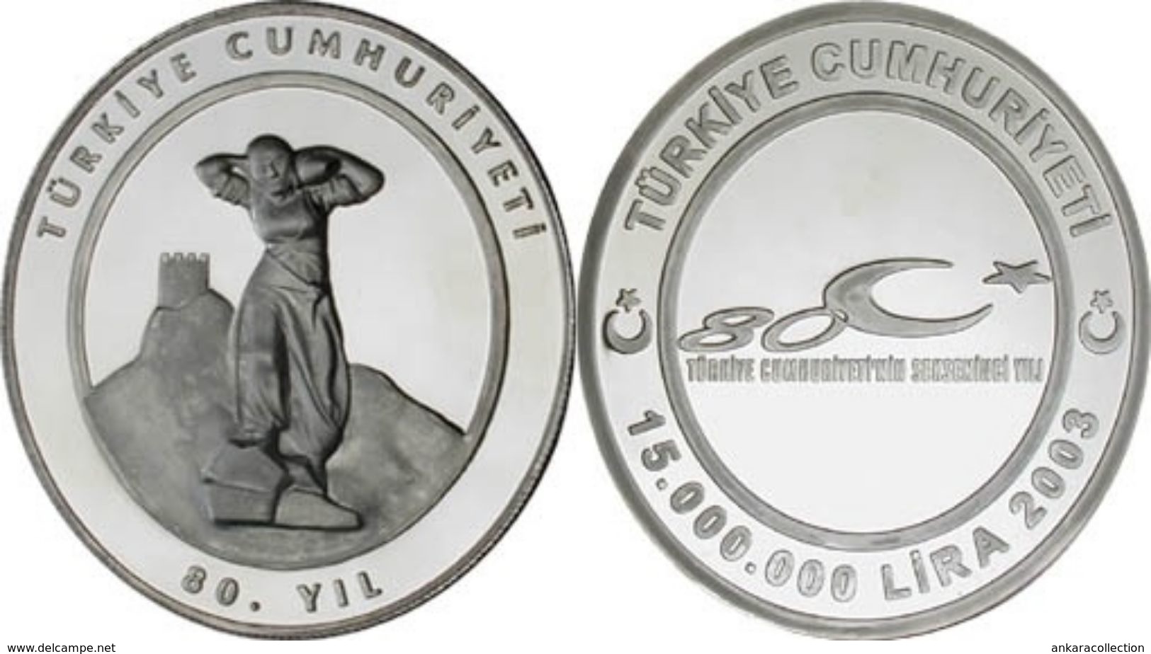 AC - 80th ANNIVERSARY OF TURKISH REPUBLIC # 1 COMMEMORATIVE SILVER COIN TURKEY 2003 UNCIRCULATED - PROOF - Turquie