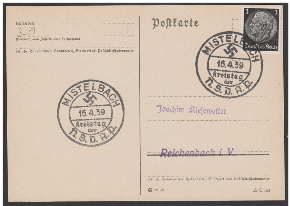 POSTKARTE MIT 2 SONDERSTEMPEL KREISTAG DER  N.S.D.A.P. MISTELBACH - Briefe U. Dokumente