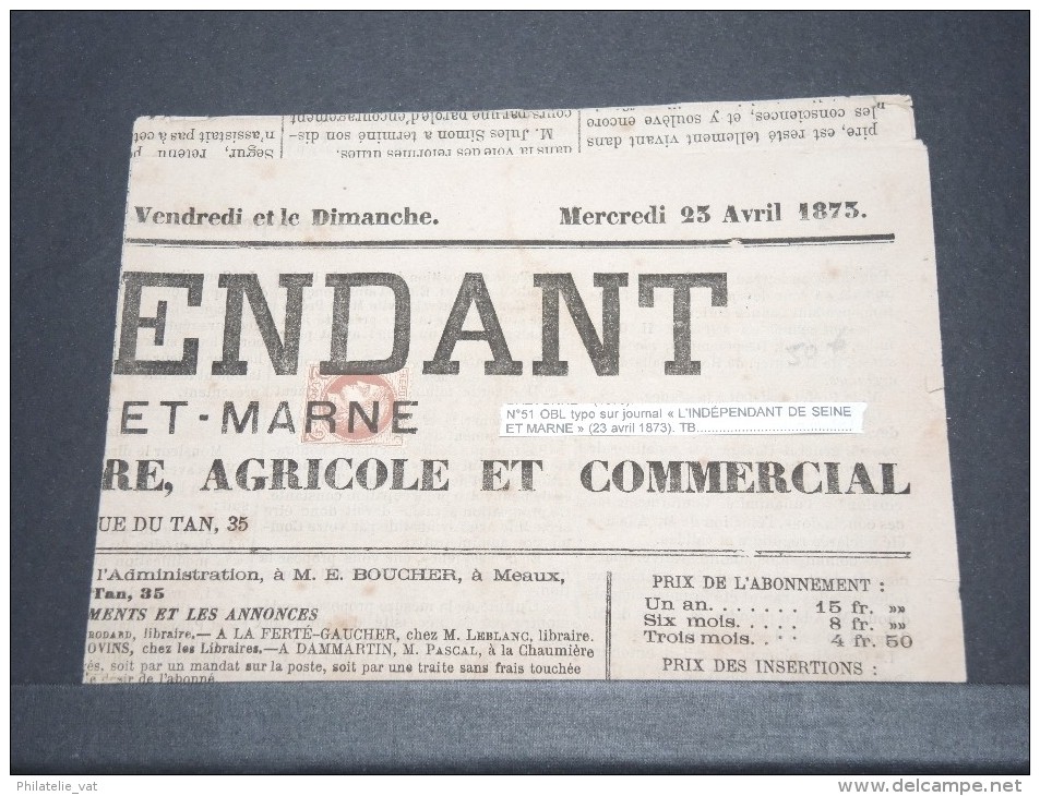 FRANCE - N° 51 Obl Typo Sur Journal - A Voir - P17342 - Zeitungsmarken (Streifbänder)