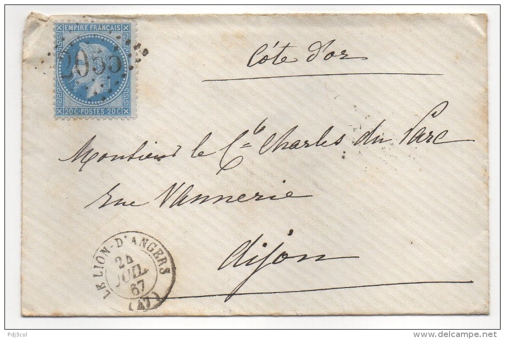 Y Et T  Variété N°29 Bleu Moustache Prolongée Sur Lettre De Angers Adressée à Dijon, Cachet Losange, Gros Chiffres 2055 - 1863-1870 Napoléon III Lauré