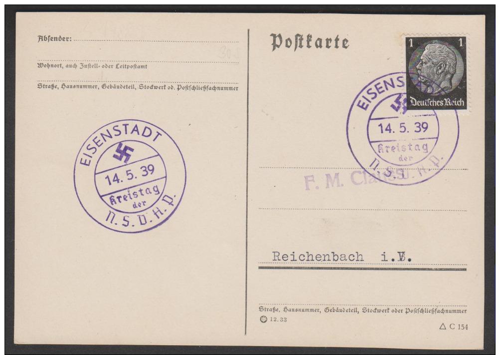 POSTKARTE MIT 2 SONDERSTEMPEL KREISTAG DER  N.S.D.A.P.  EISENSTADT - Briefe U. Dokumente