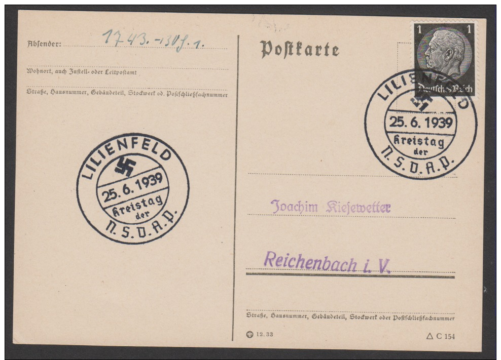 POSTKARTE MIT 2 SONDERSTEMPEL KREISTAG DER  N.S.D.A.P.  LILIENFELD - Briefe U. Dokumente