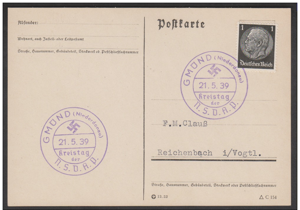 POSTKARTE MIT 2 SONDERSTEMPEL KREISTAG DER  N.S.D.A.P.  GMÜND - Briefe U. Dokumente