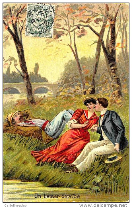 [DC2620] CPA - COPPIA - ILLUSTRATA UNA BACIO SEGRETO - UN BAISER DEROBE' - Viaggiata 1907 - Old Postcard - Coppie