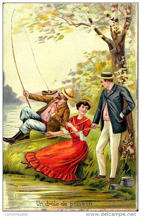 [DC2621] CPA - COPPIA - ILLUSTRATA UN PESCE DIVERTENTE - UN DROLE DE POISSON - Viaggiata 1907 - Old Postcard - Couples