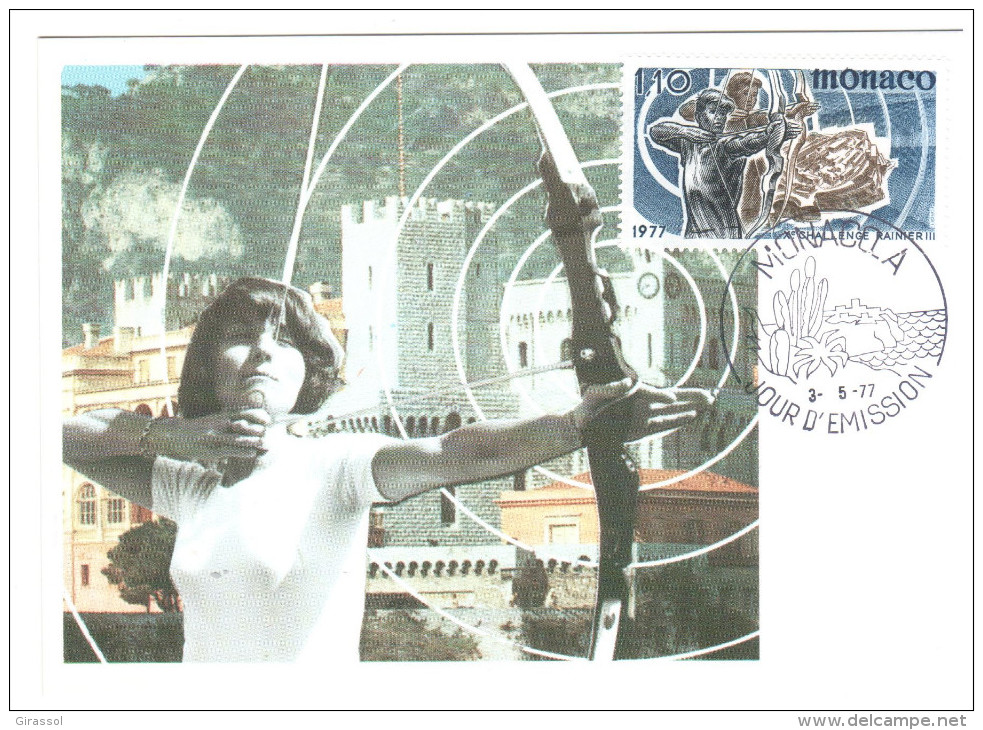 CPSM TIR A L ARC CHALLENGE INTERNATIONNAL RAINIER III MONACO 1977  FLAMME TIMBRE 1ER JOUR MAXIMUM - Archery