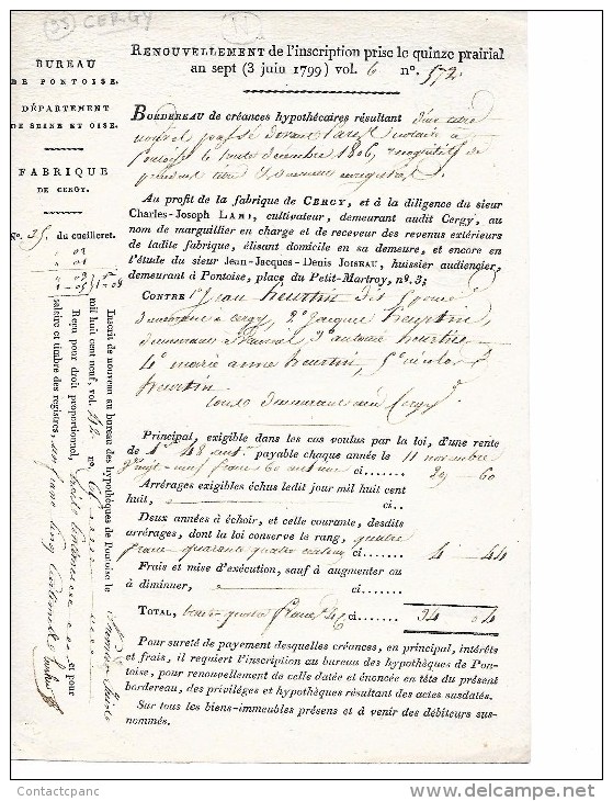 FABRIQUE De CERGY  ( 95 )  - Bordereau De Créances Hypothécaires  An VII , 15 Prairial ( 1799 ) - Cergy Pontoise