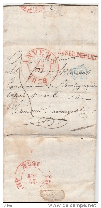 LAC Anvers 1838 "Après Le Départ" En In Blauw "SR" Naar Montignies Le Tilleul. - 1830-1849 (Belgica Independiente)