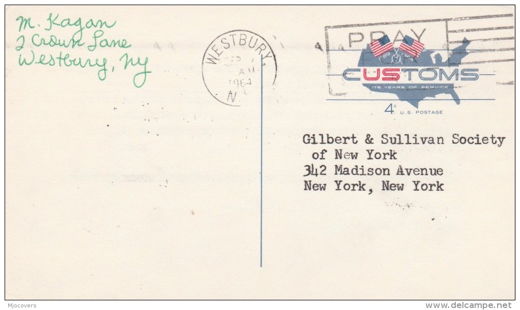 1964 USA Postal STATIONERY CARD To GILBERT & SULLIVAN Soc Re D'OYLY CARTE OPERA Co At SHERATON HOTEL Cover Theatre Music - 1961-80