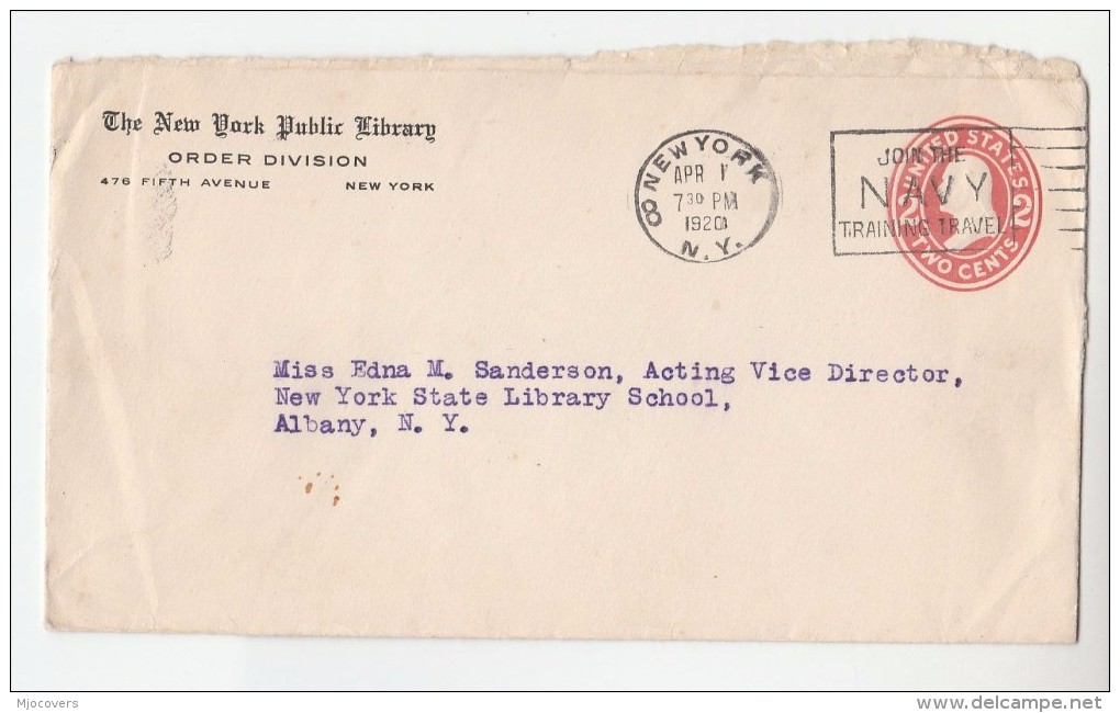 1920 USA Postal STATIONERY COVER New York PUBLIC LIBRARY To NY LIBRARY SCHOOL  Pmk SLOGAN  JOIN NAVY - 1901-20