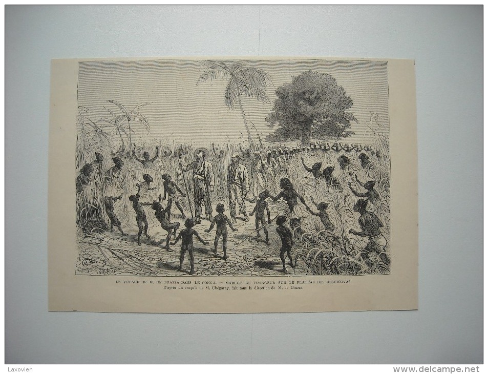 GRAVURE 1882. LE VOYAGE DE M. DE BRAZZA DANS LE CONGO. MARCHE DU VOYAGEUR SUR LE PLATEAU DES ASCEICUYAS. - Estampes & Gravures