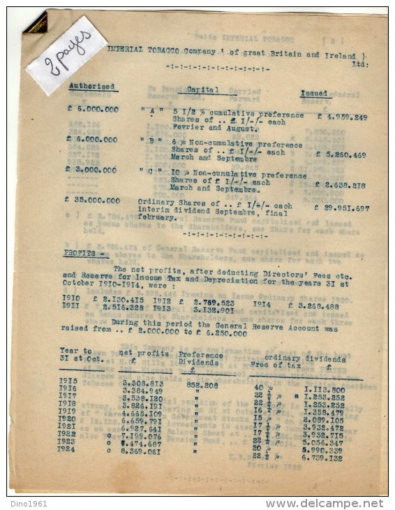 VP3563 - PARIS x LEVALLOIS PERRET - Lot  de Documents Concernant La Cie BRITISH AMERICAN TABACCO & IMPERIAL TABACCO Cie