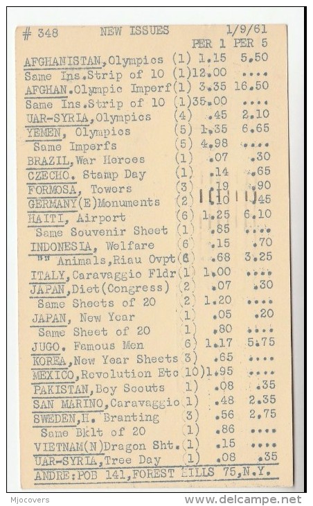 1961 USA Postal STATIONERY Card Re ANDRE  STAMPS  DEALERS LIST Of New Issues , Cover - 1961-80