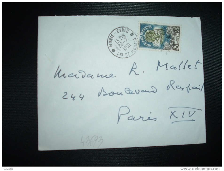 LETTRE TP AIDE AUX REFUGIES 0,25 OBL.26-7-1960 MONTE-CARLO + HOTEL L'HERMITAGE - Lettres & Documents