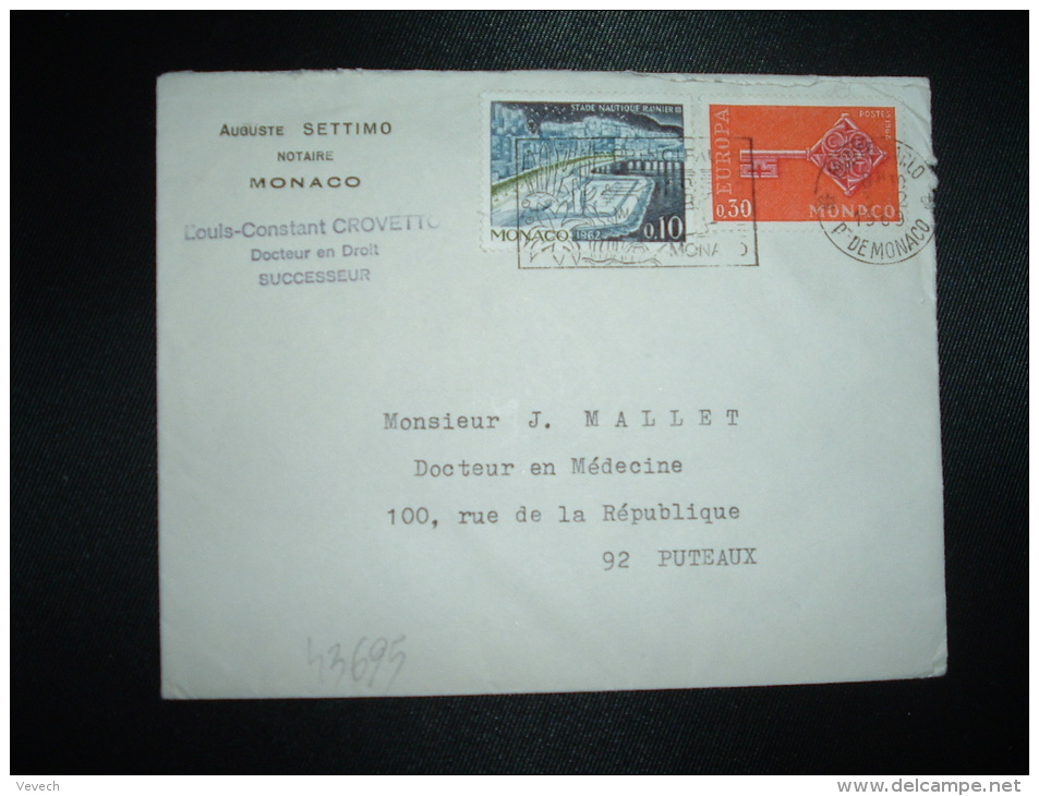 LETTRE TP EUROPA 0,30 + TP STADE NAUTIQUE 0,10 OBL.MEC.3-12-1969 MONTE-CARLO + AUGUSTE SETTIMO NOTAIRE - Lettres & Documents