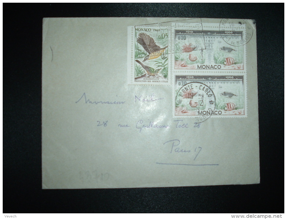 LETTRE TP POISSONS 0,10 X2 + TP OISEAUX BERGERONNETTE 0,05 OBL.MEC. + OBL. 2-12-1963 MONTE-CARLO - Lettres & Documents