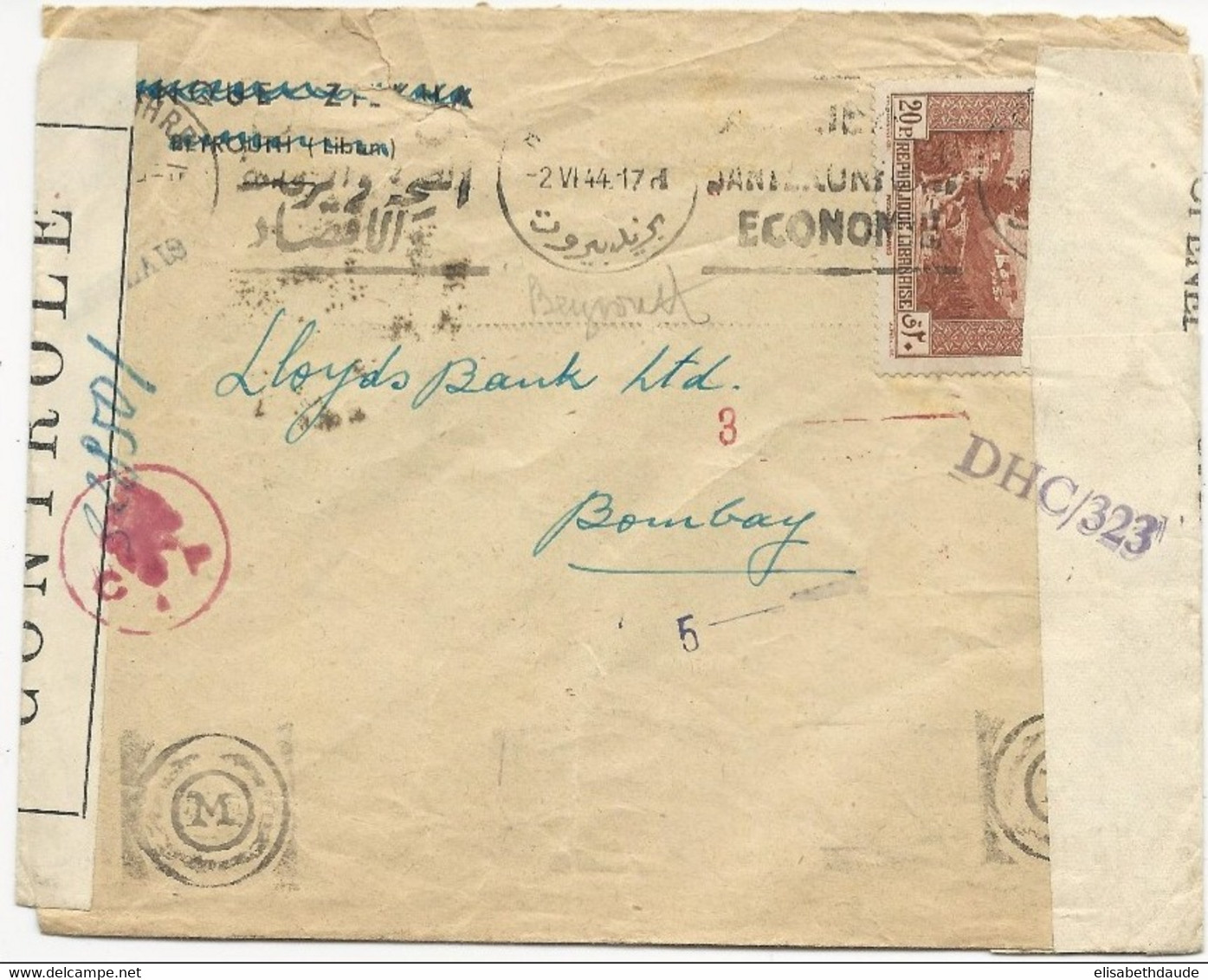 LIBAN - 1944 - ENVELOPPE De BEYROUTH Avec DOUBLE CENSURE FRANCAISE + ANGLAISE ! => BOMBAY (INDIA) - Liban