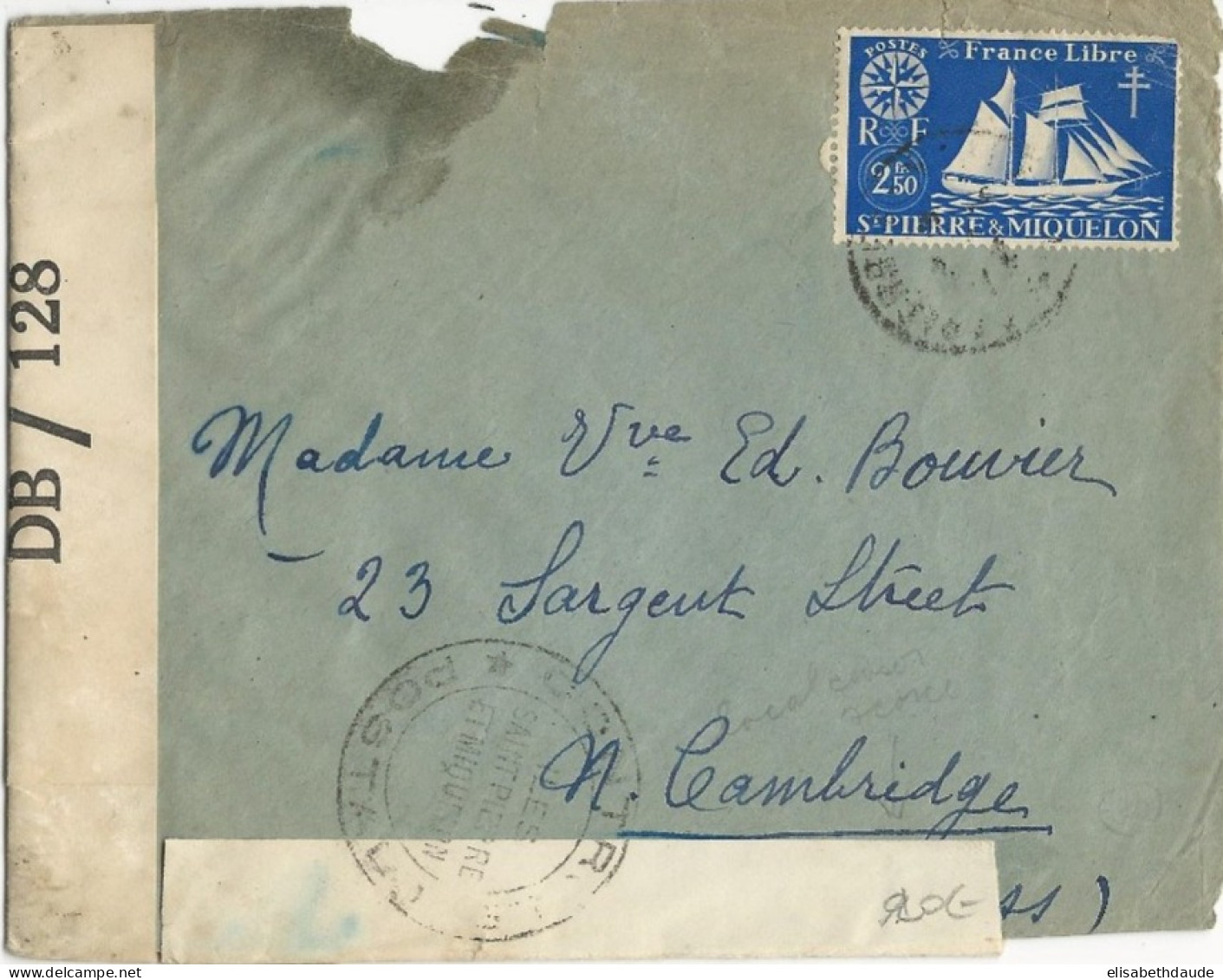 SPM - 1944 - ENVELOPPE De ST PIERRE Avec DOUBLE CENSURE FRANCAISE + AMERICAINE Pour NEW CAMBRIDGE (USA) - Storia Postale