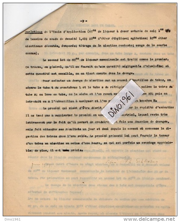 VP3566 - PARIS -  Note De Mr Th. SCHLOESING Sur Le Dosage De La Nicotine Dans Le Tabac - Documents