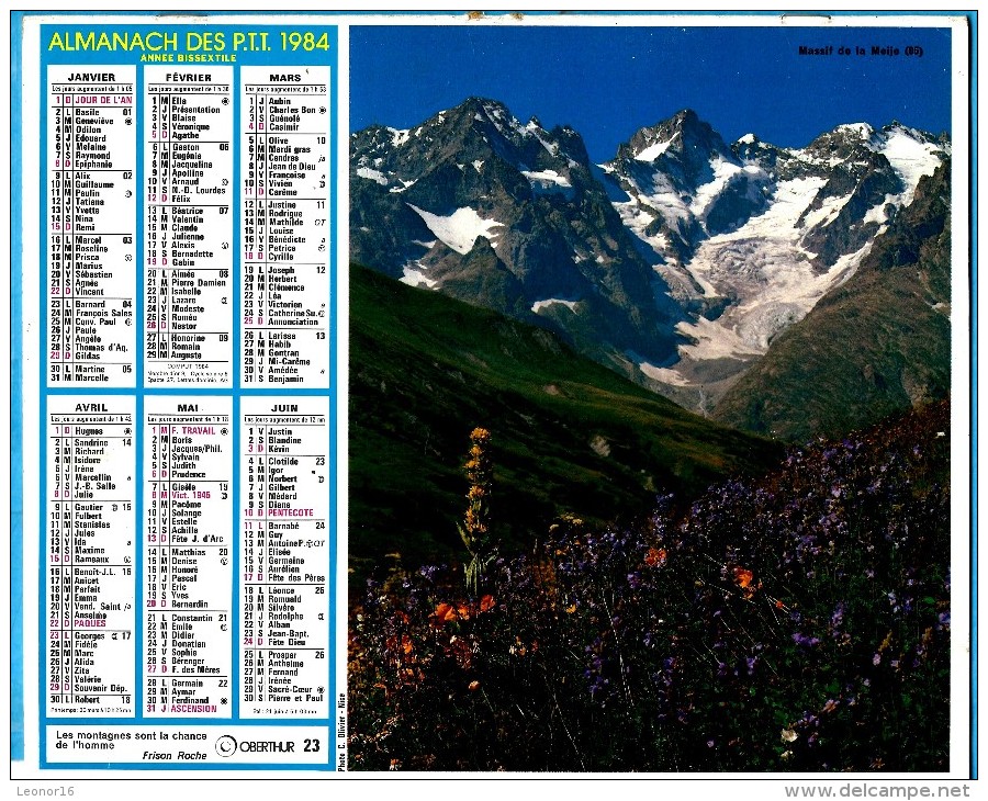 ALMANACH DES P.T.T 1984 ()  - Incomplet * MASSIF DE LA MEIJE  - VALLEE DU MELEZET (05) - * Calendrier * OBERTHUR * N° 23 - Big : 1981-90