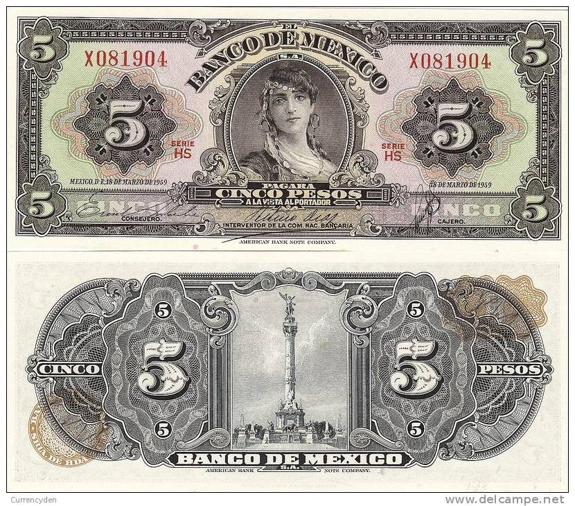 Mexico P-60h, 5 Pesos, Famous "La Gitana" (the Gypsy), 1963 - Messico