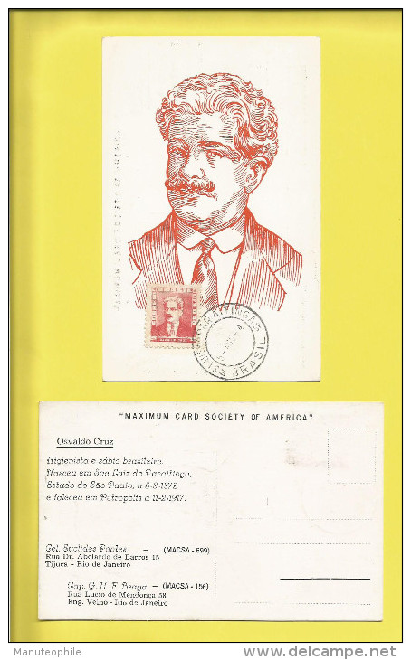 Carte Maximum  BRESIL Cachet  De Säo Luiz Do Paraitinga Le 05 Aout 1954  Sur OSVALDO CRUZ  Voir Scanners - Cartes-maximum