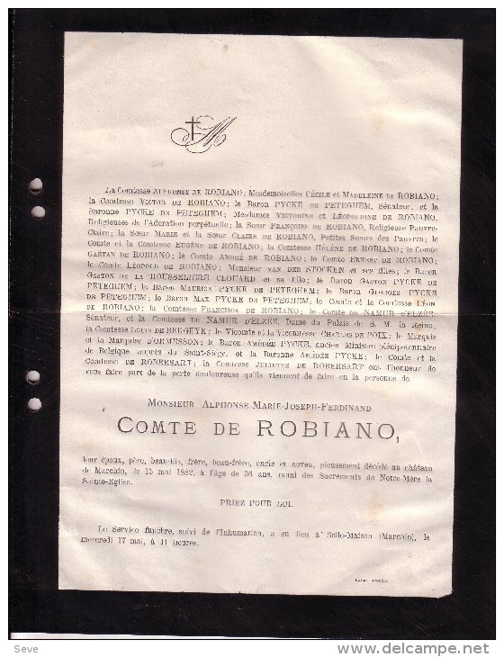 MARCHIN Alphonse Comte De ROBIANO 36 Ans En 1882 Familles PYCKE De PETEGHEM - Décès