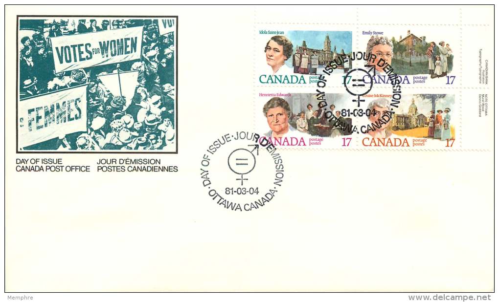 1981 Canadian Feminists  Stowe, St-Jean, McKinney, Edwards  Sc 879-882  Incription Block Of 4 - 1981-1990