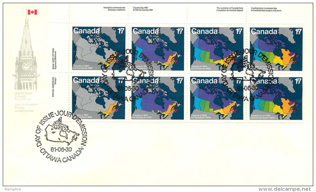 1981  Historical Maps Of Canada   Sc 890-3  Inscriptio Block Of 8 - 1981-1990