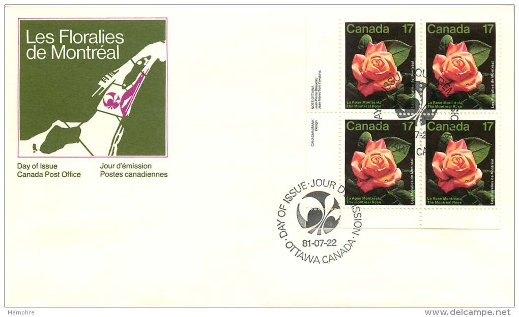 1981  Montreal Floralies  - Rose Sc 896  Inscription Block Of 4 - 1981-1990