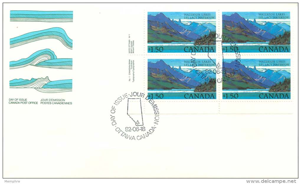 1982  Waterton Lakes National Park $1.50 Definitive  Sc 935  Inscription Block Of 4 - 1981-1990